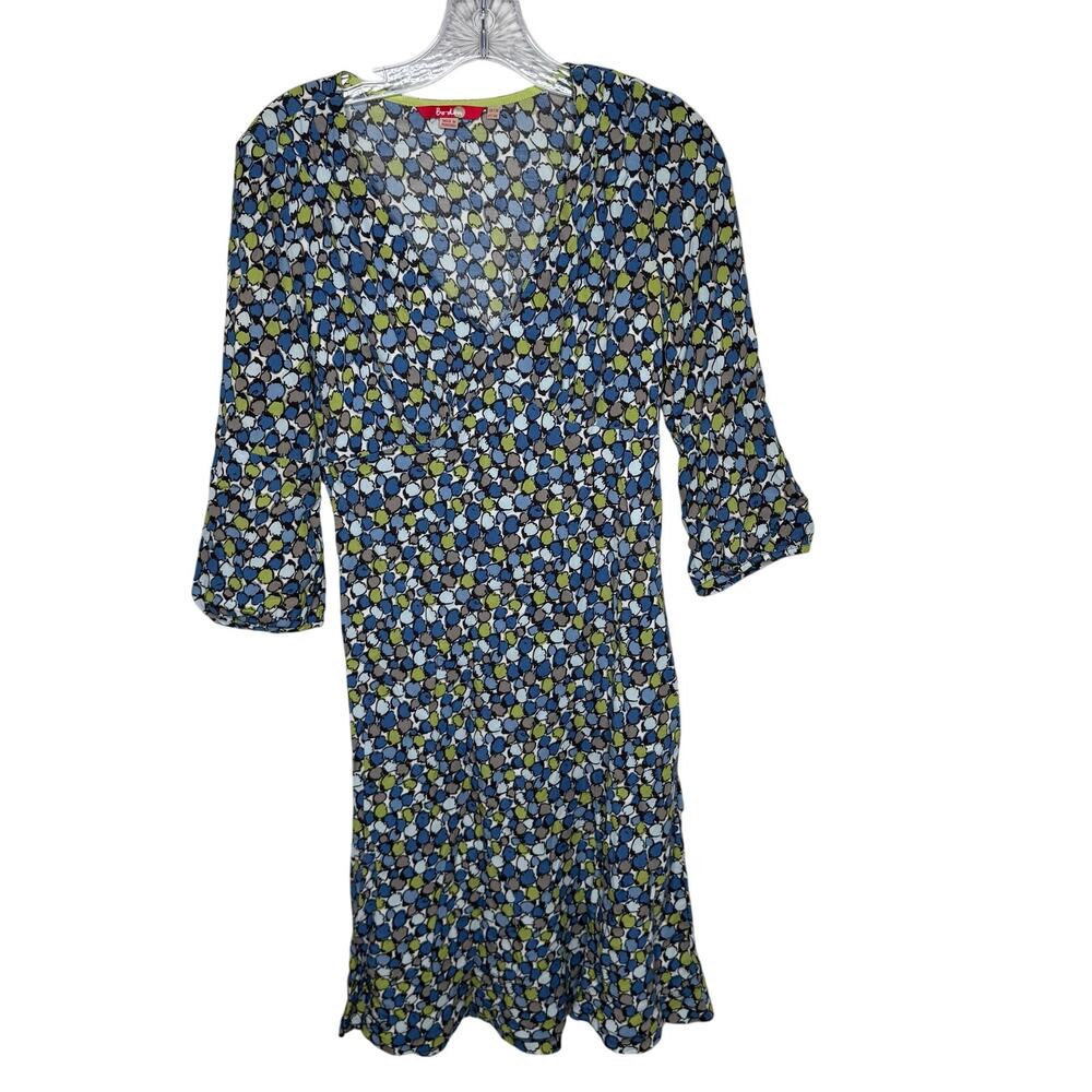 Boden 8R Blue Green Abstract Floral Jersey Dress V-Neck‎ 3/4 Sleeve Midi